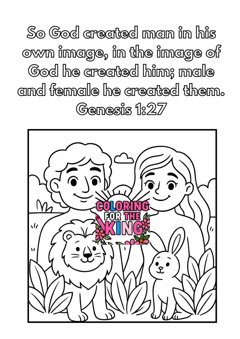 Created in His Image – Genesis 1:27 Coloring Page - Bible Verse - Adam and Eve (PDF Instant Download)