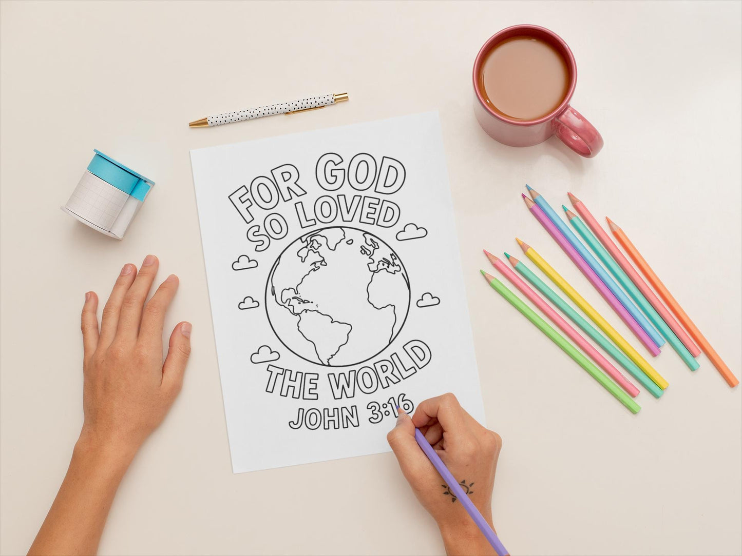 For God So Loved the World John 3:16 - Bible Scripture - Printable Coloring Page - (PDF Instant Download)