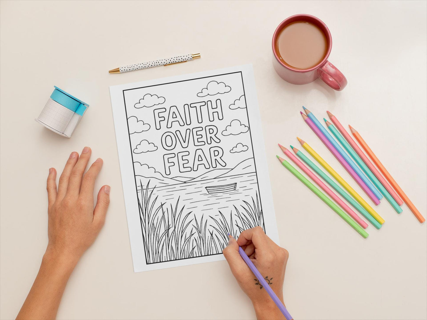 Faith Over Fear - Printable Christian Coloring Page (PDF Instant Download)