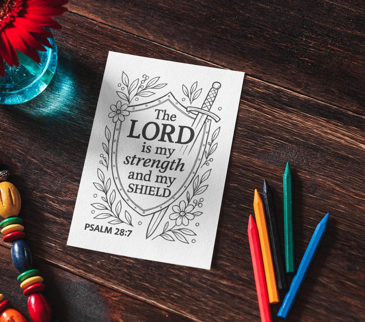 The Lord Is My Strength Psalm 28:7 - Printable Coloring Page - Bible Scripture - (PDF Instant Download)