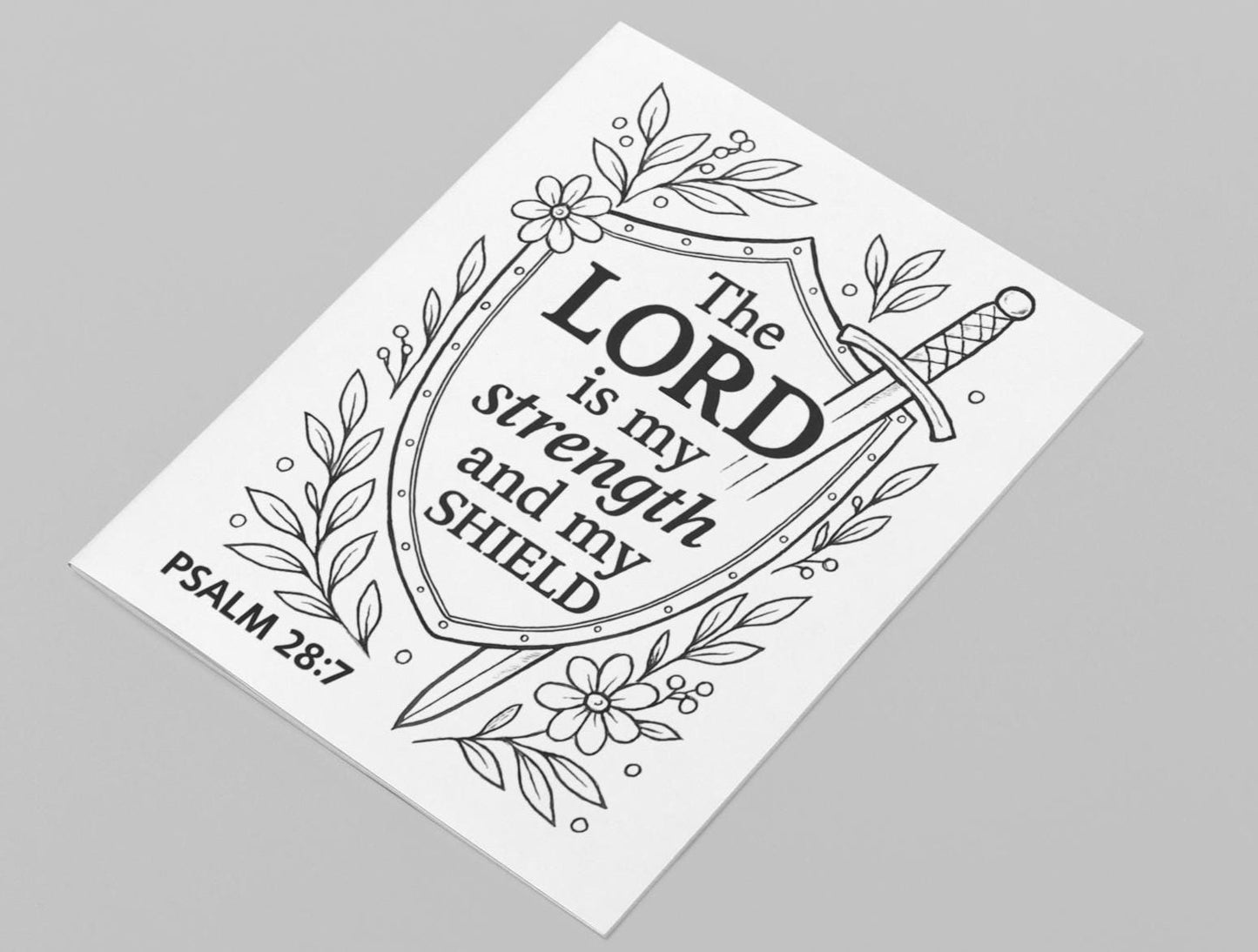 The Lord Is My Strength Psalm 28:7 - Printable Coloring Page - Bible Scripture - (PDF Instant Download)